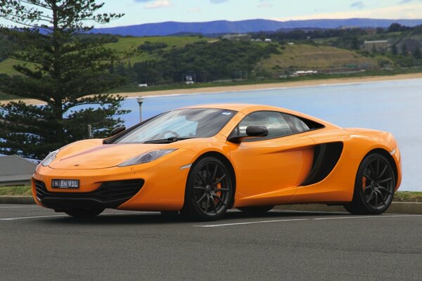 Bright orange car on the background of nature