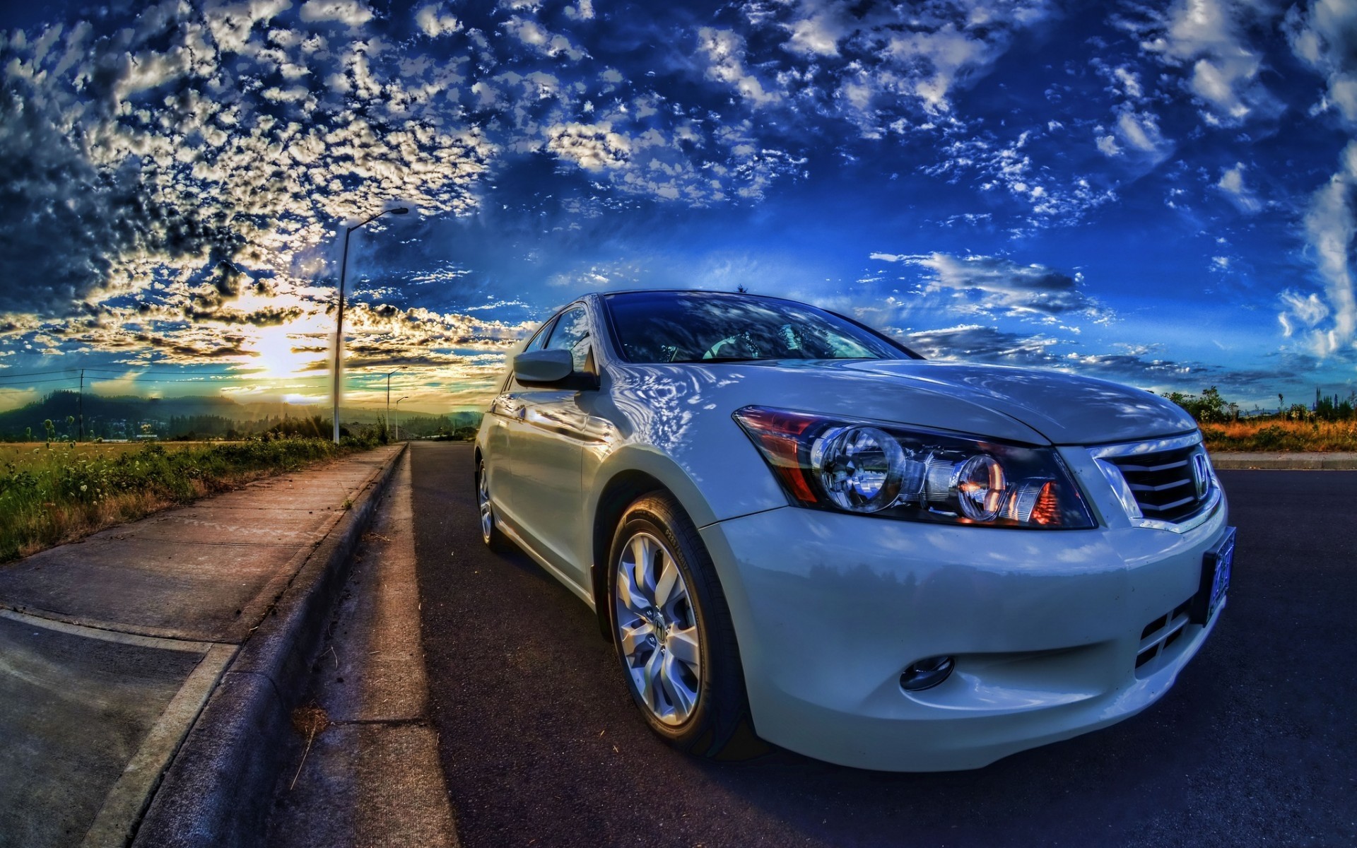 ciel coucher de soleil route voiture nuage 2010 bleu blanc honda accord