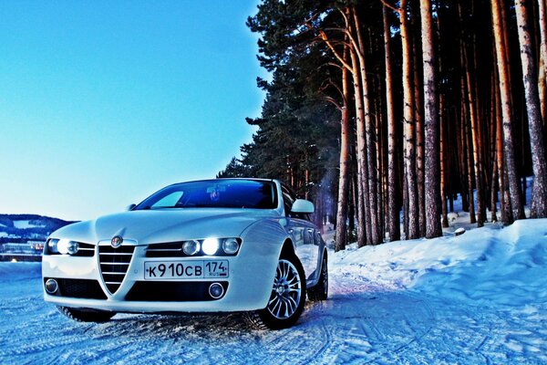 Alfa Romeo en el bosque cubierto de nieve