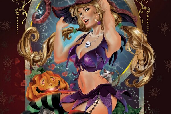 Fantasievolles blondes Mädchen im Halloween-Hexen-Outfit mit einem sprechenden Kürbis