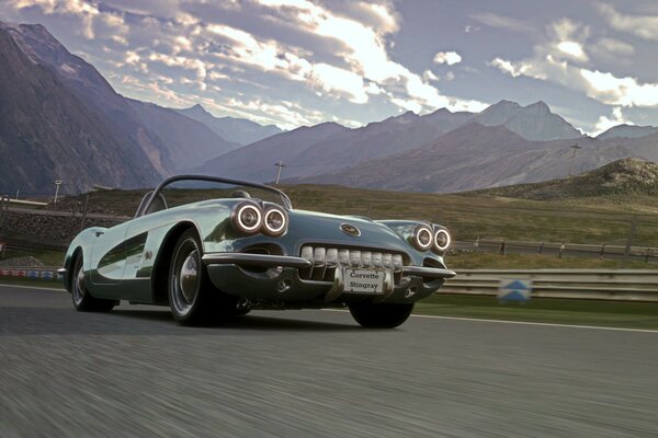 Retro car on a beautiful mountain background