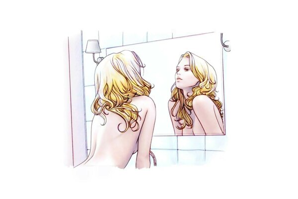 A girl and her reflection in the mirror in the morning