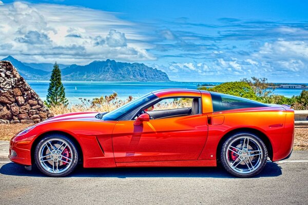 Deportivo rojo Chevrolet en la naturaleza