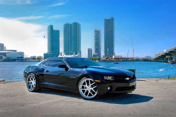 Modern Chevrolet Camaro. Stylish black Corvette