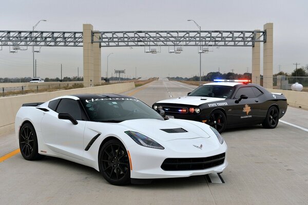 Due auto sportive in pista. Corvette da corsa e polizia bianca