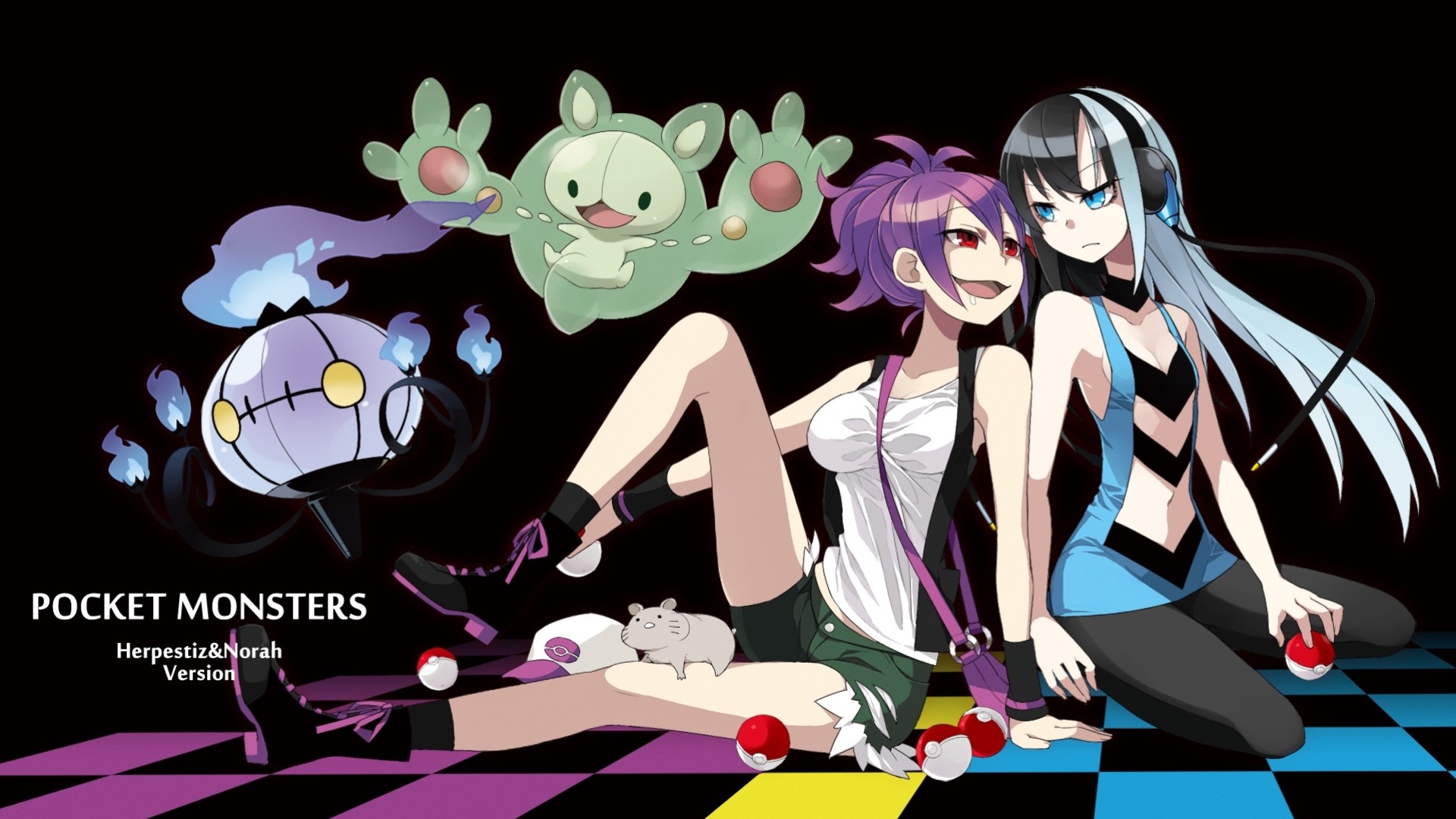 blue eyes pink hair hat white hair cosplay red eyes 2girls animals shorts headphones chandelure reuniclu