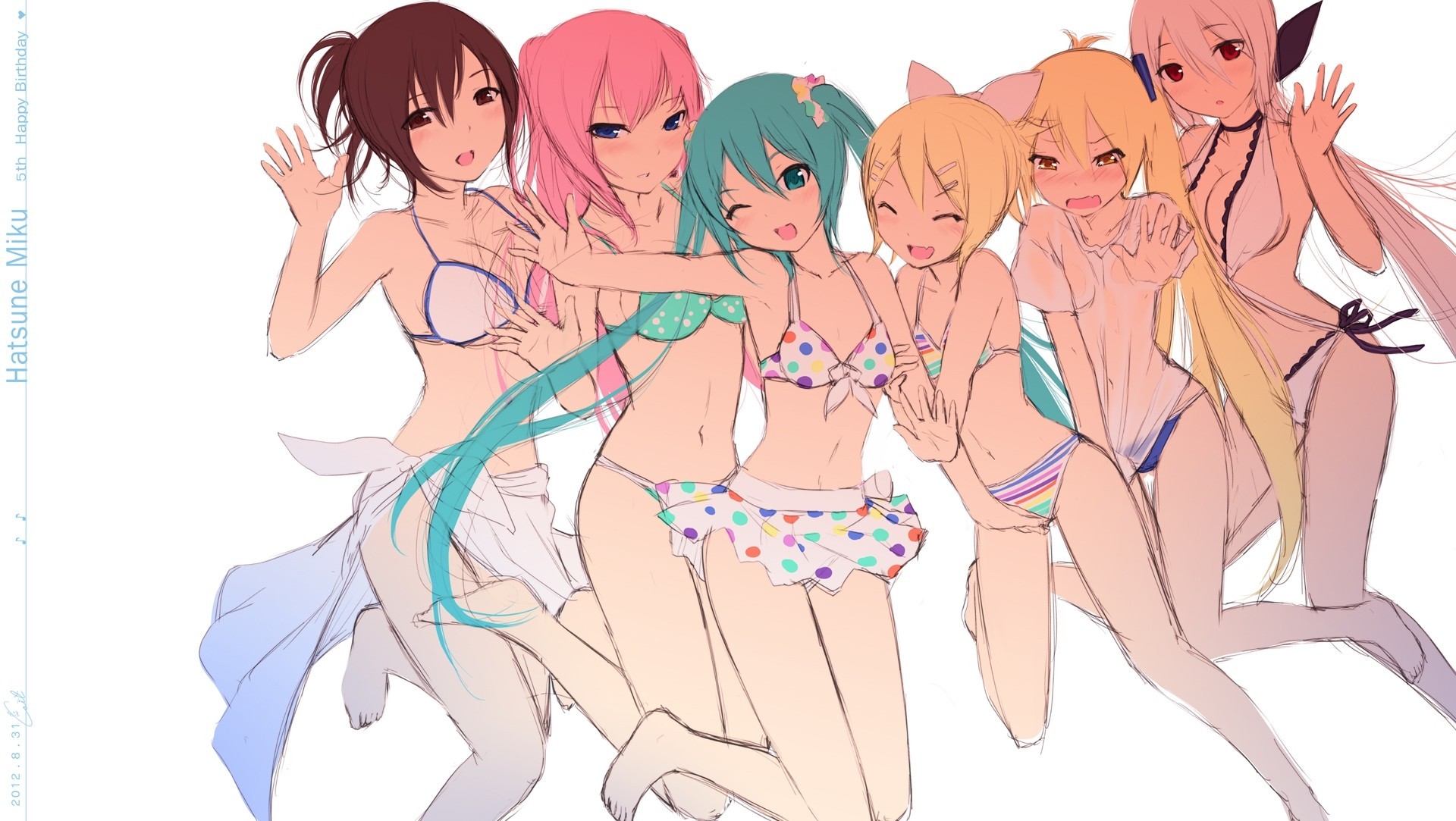 kagamine rin bikini maillot de bain akita nehru hatsune miku megurine luka cheveux bleus collier cheveux roses cheveux blonds yowane haku yeux rouges cheveux longs cheveux blancs queue de cheval cheveux bruns humide yeux bleus yeux bruns bande pieds nus rougir arc