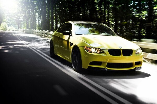 Eine Straße im Wald und ein darauf fliegender gelber BMW
