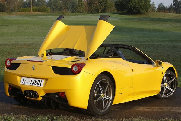 Yellow Ferrari convertible on the field