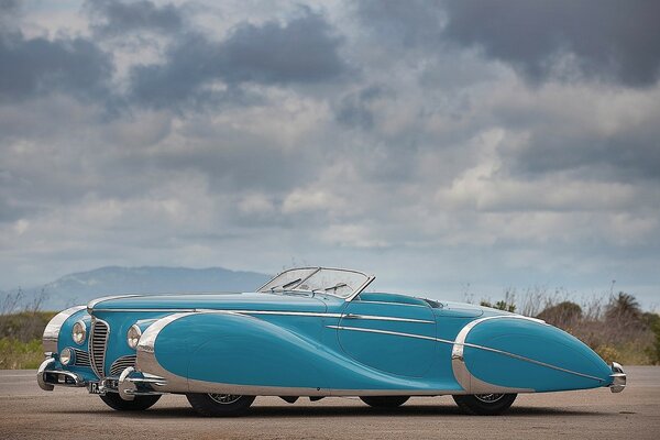 Blue retro car on a landscape background