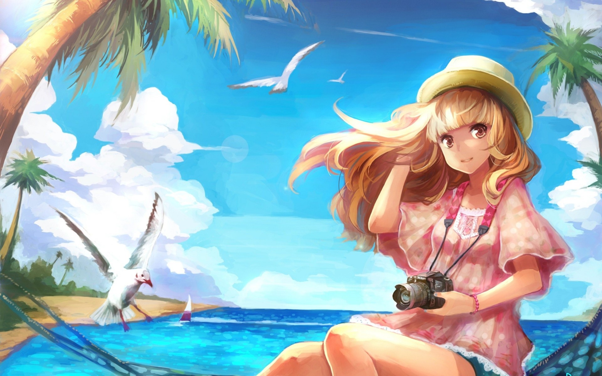 girl anime gulls pattern cameras birds picture