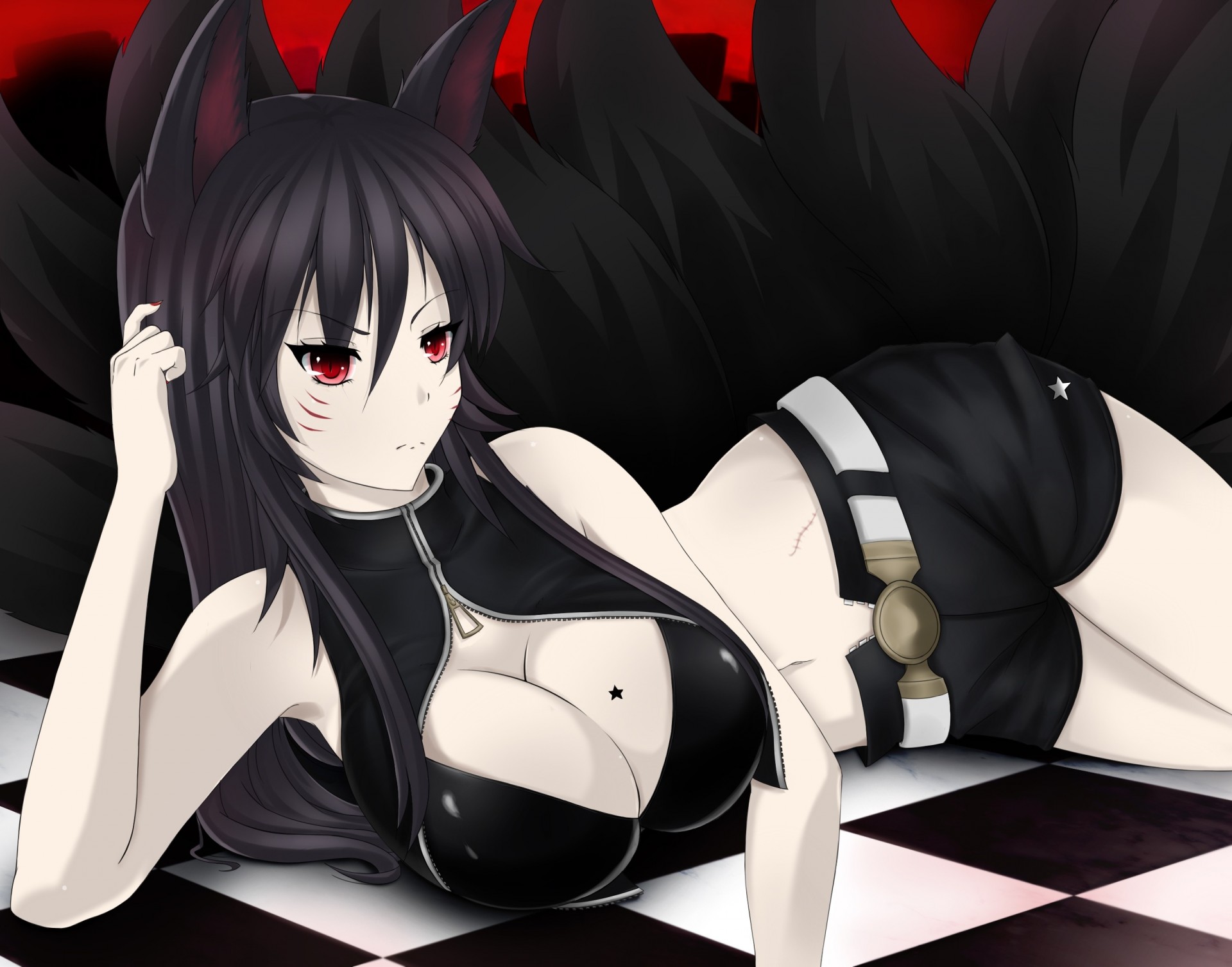 black hair red eyes tagme animal ears tail