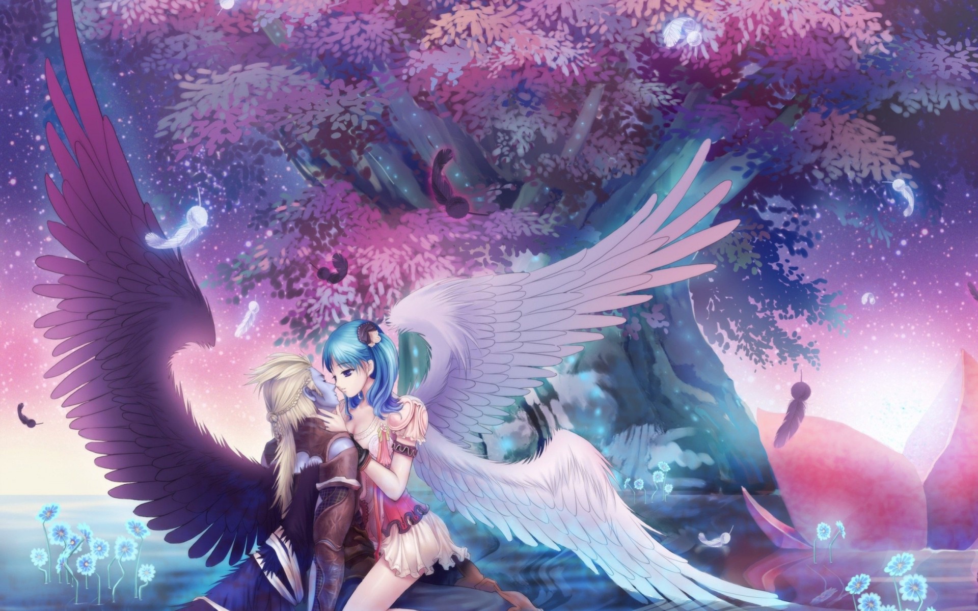 anime angels dream flower wings fantasy