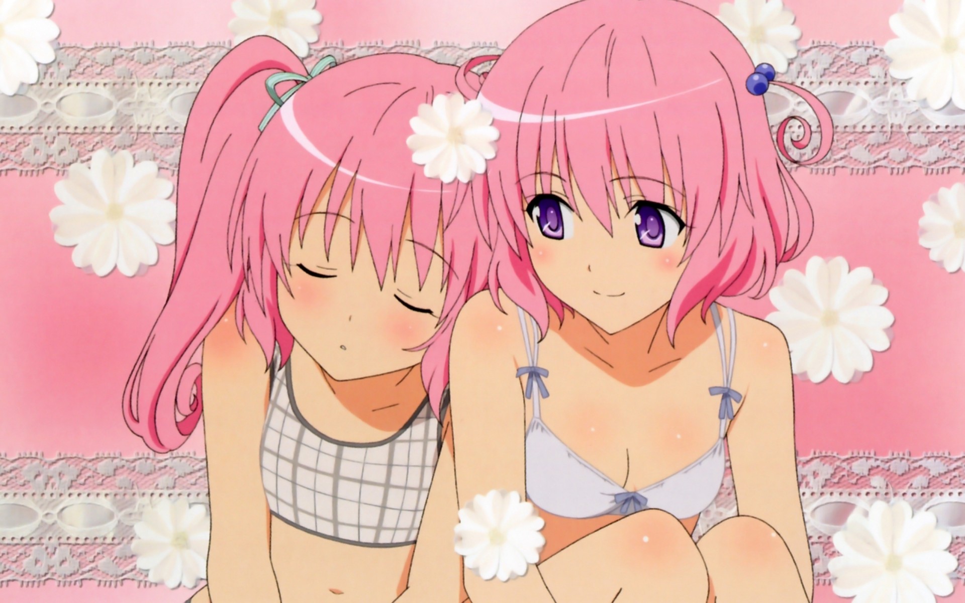 pink hair twintails flower twins purple eyes 2girls underwear bra