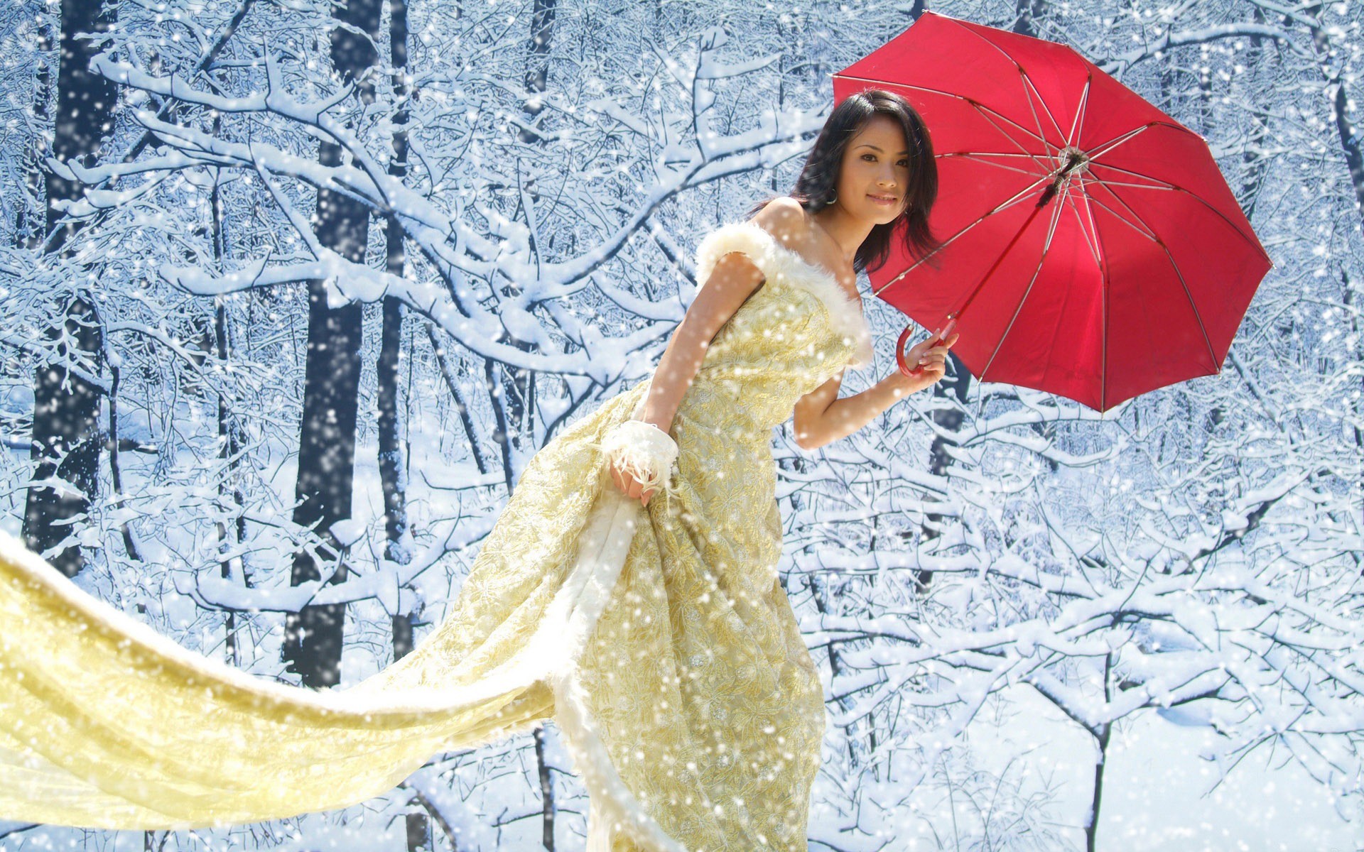 geisha roter regenschirm schnee bäume