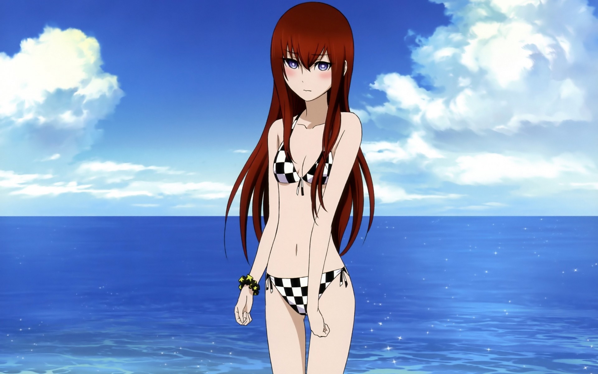 blaue augen makise kurisu erröten bikini badeanzug lange haare strand braune haare