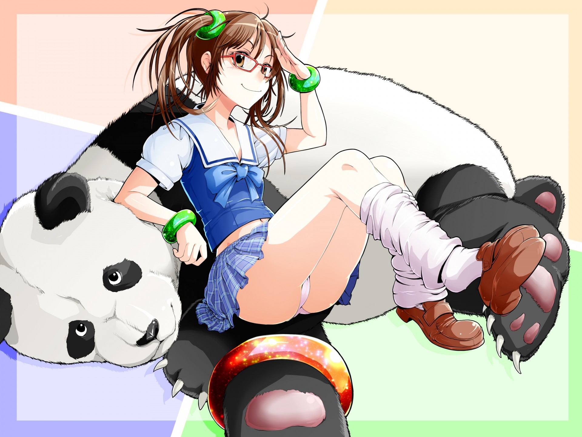 brązowe oczy seifuku zwierzęta tagme twintails panda bielizna majtki okulary brązowe włosy