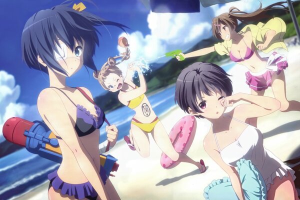 Anime. Girls on the beach in swimsuits