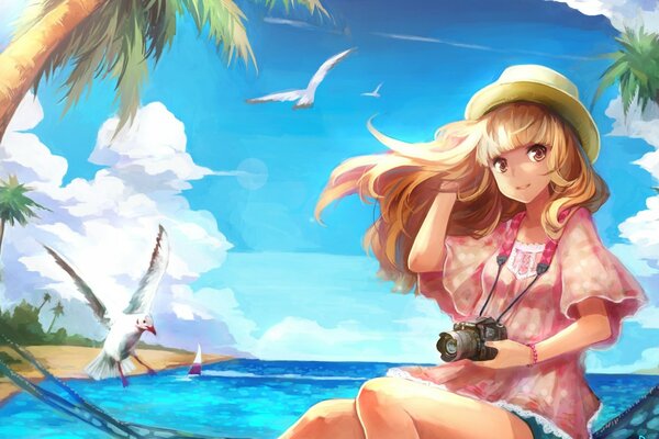 Anime girl dans un chapeau avec un appareil photo sur le rivage