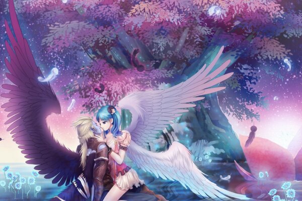 Anime angel girl and angel guy kissing