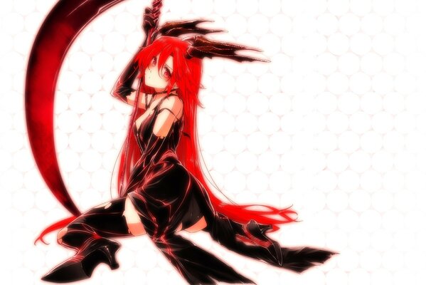 A demon girl with red hair and a scythe in her hands