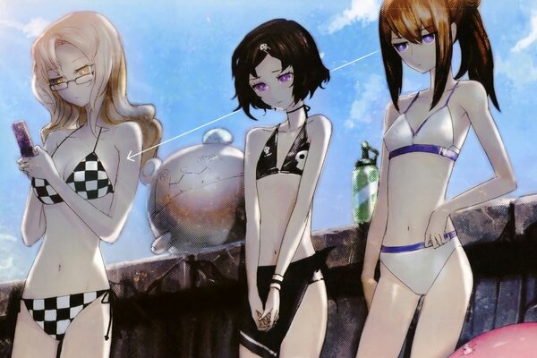 Cartoon three girls in swimsuits