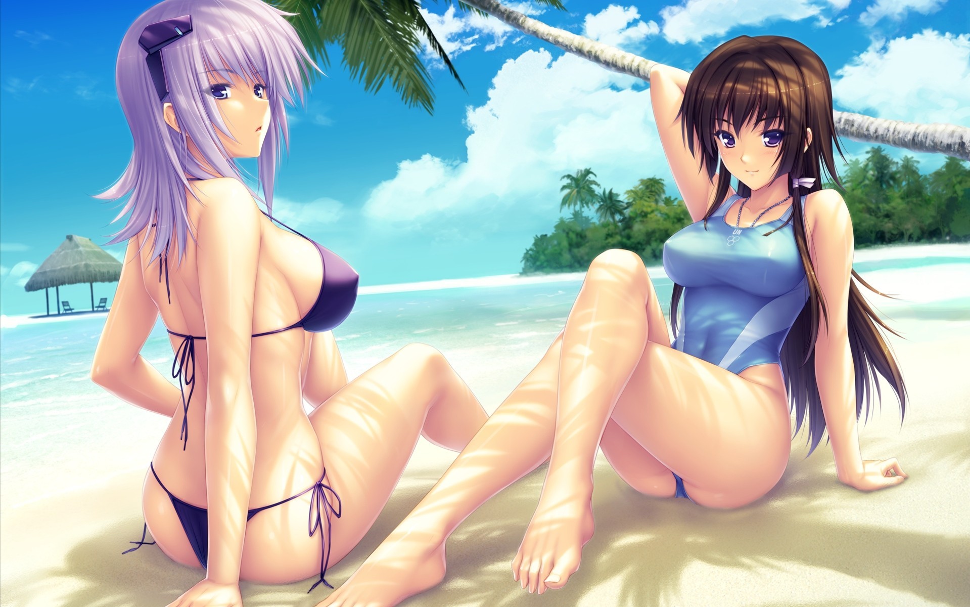 beach barefoot necklace sideboob clouds swimsuit long hair tree purple eyes 2girls water purple hair brown hair