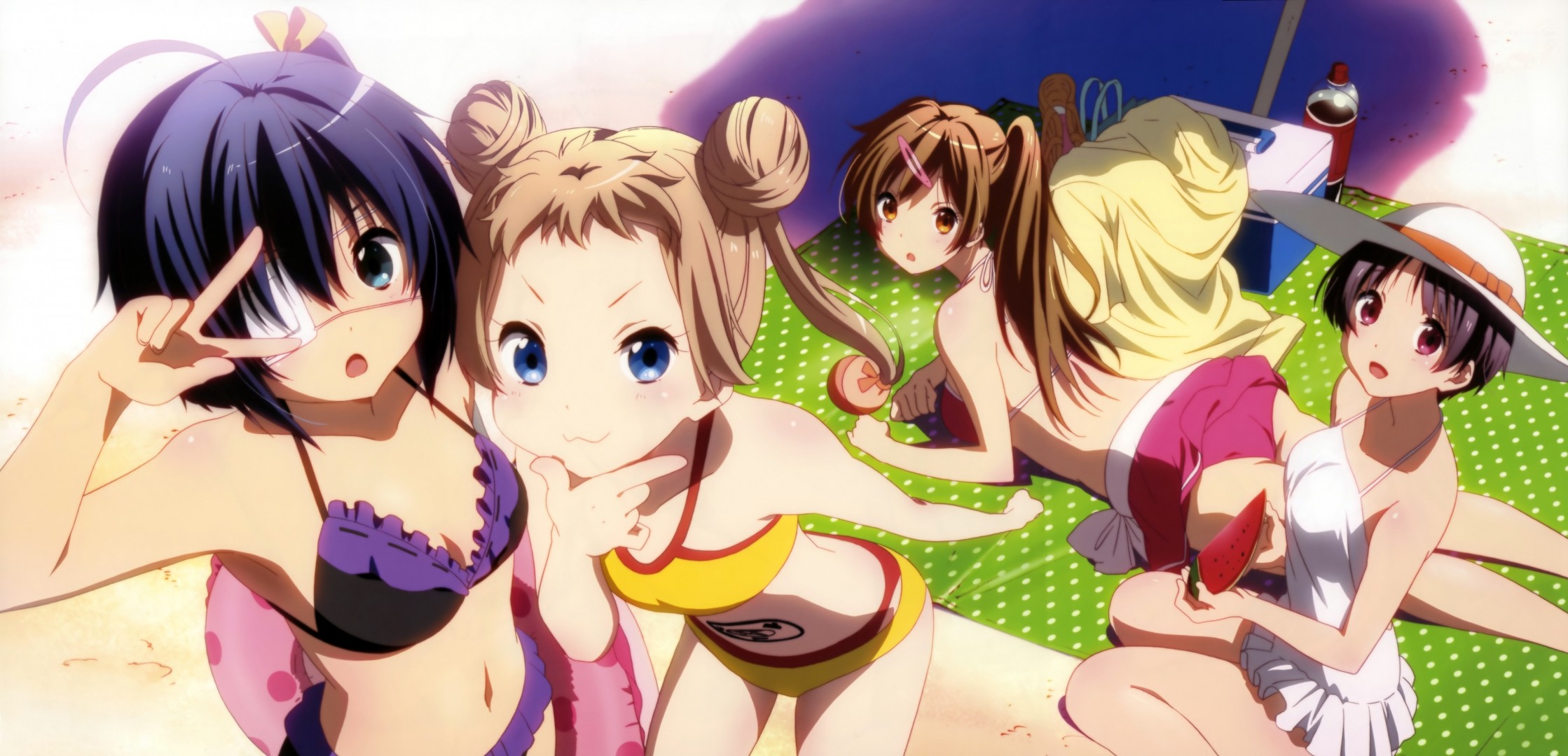 bikini swimsuit navel blue eyes blonde hair hat black hair long hair black eyes brown hair short hair brown eyes tapes the group watermelon purple eyes beach dressing