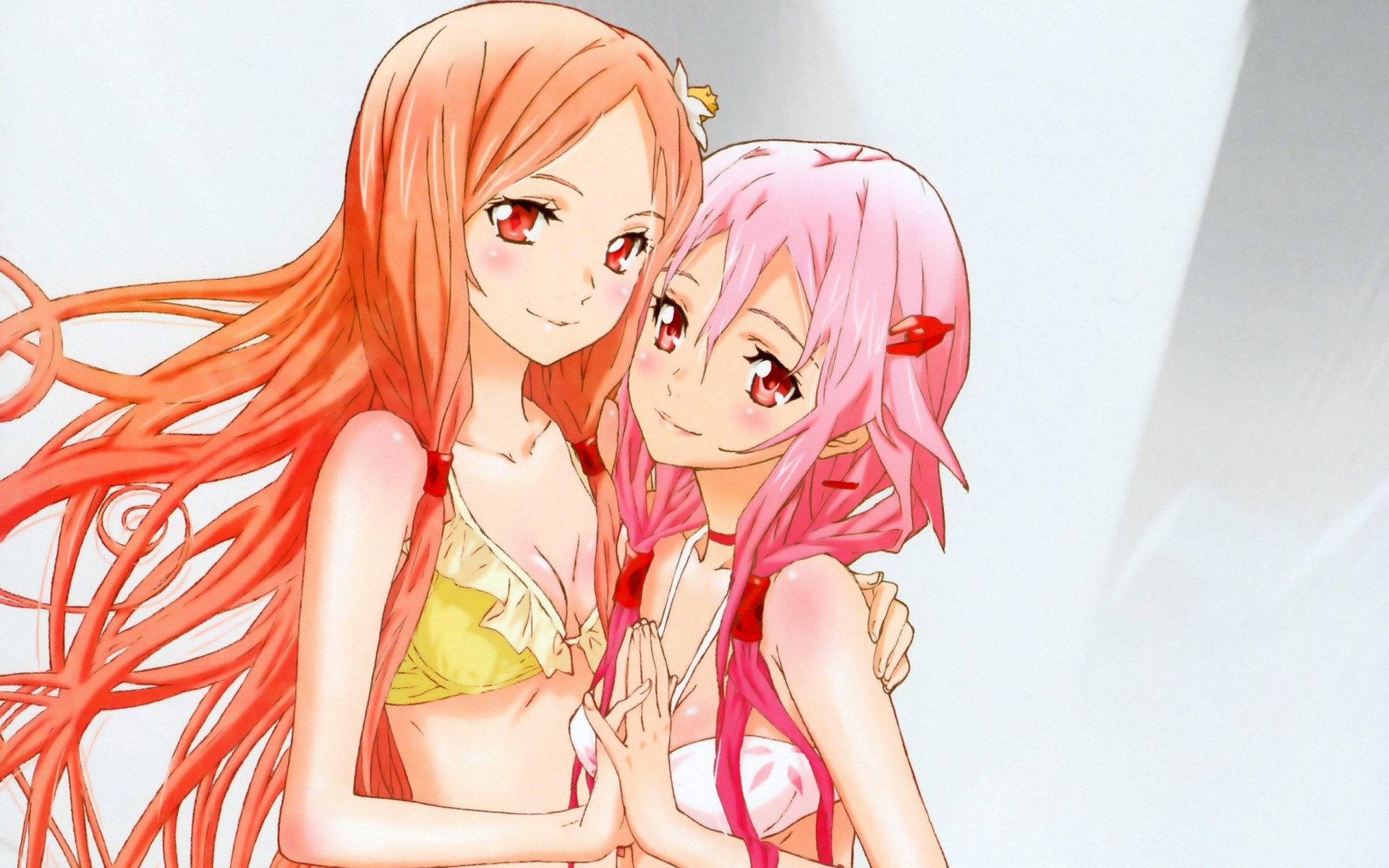 pink hair orange eyes 2girls blush bikini swimsuit red eyes orange hair yuzuriha inori