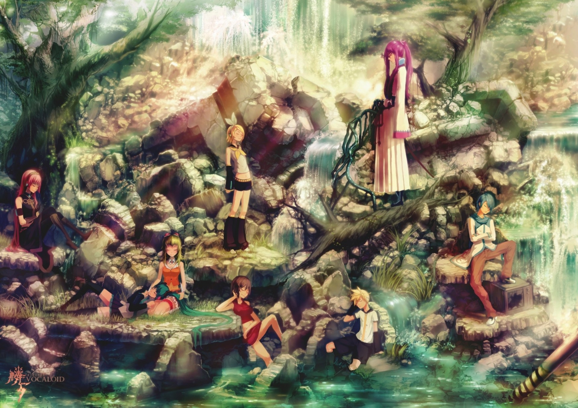 kagamine rin kagamine len bed kaito meiko water waterfall hatsune miku megurine luka