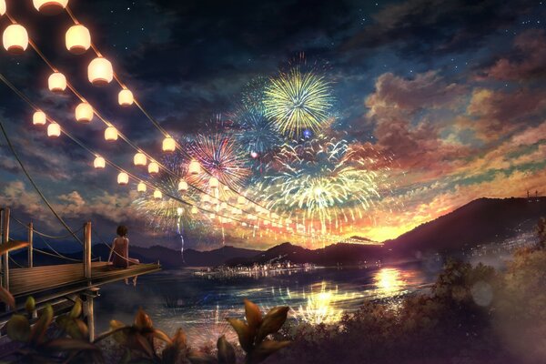 Picturesque landscape with beautiful fireworks