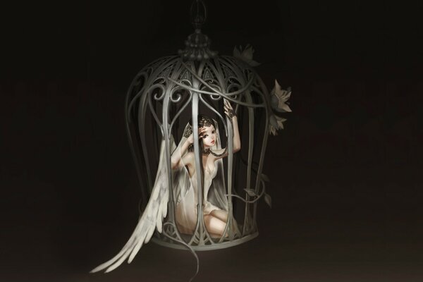 A girl with wings in chains in a cage