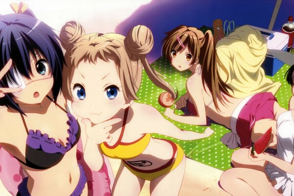 Illustration of anime girls in swimsuits