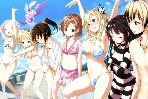 Anime chicas en bikini en la playa