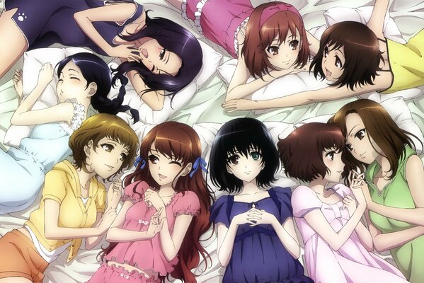 Cartoon girls in pajamas on the bed