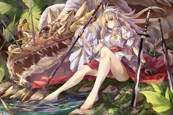 A dragon with a weapon and a sword barefoot