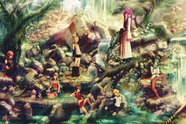 Anime. kagamine rin at the waterfall