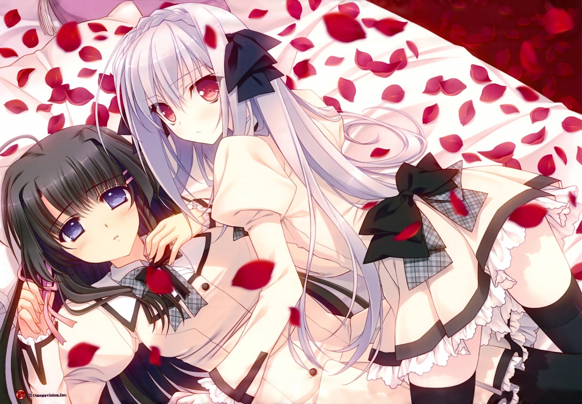 petals seifuku white hair black hair long hair 2girls thighhigh