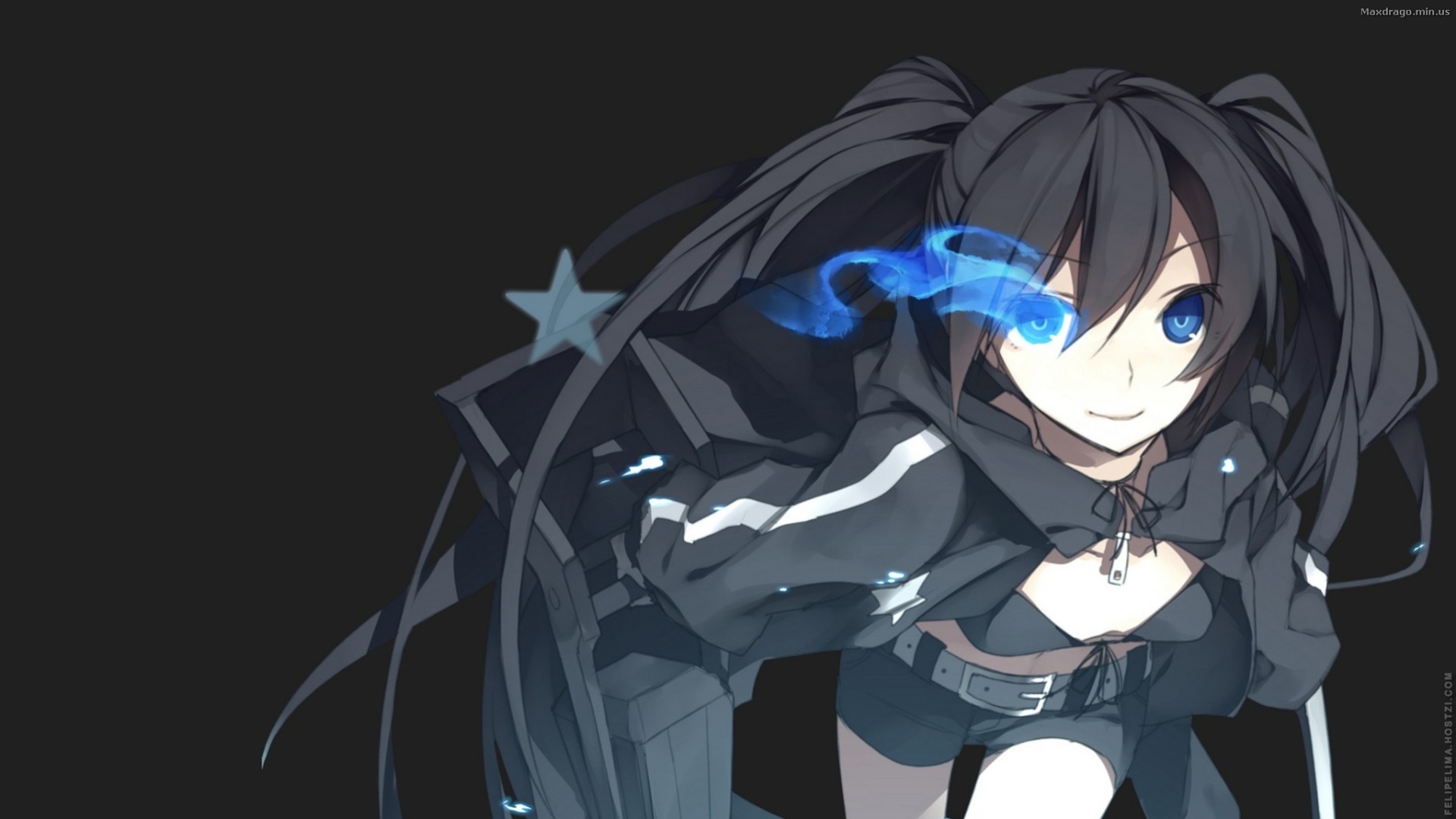 blaue augen twintails schwarzes haar langes haar schwarz arme kuroi mato shorts