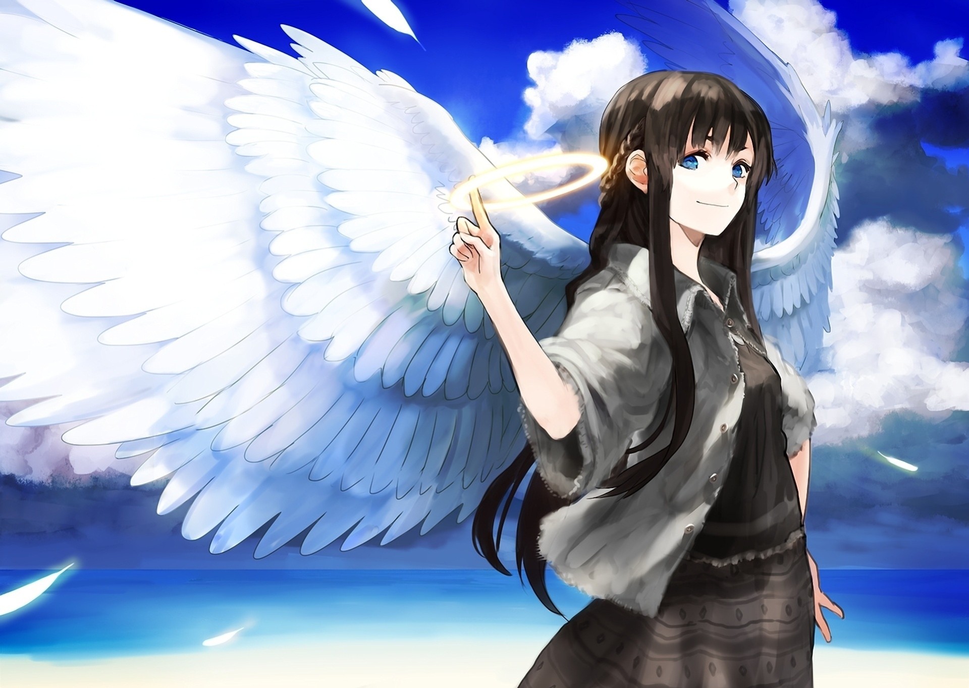 art girl halo angel clouds sea wing