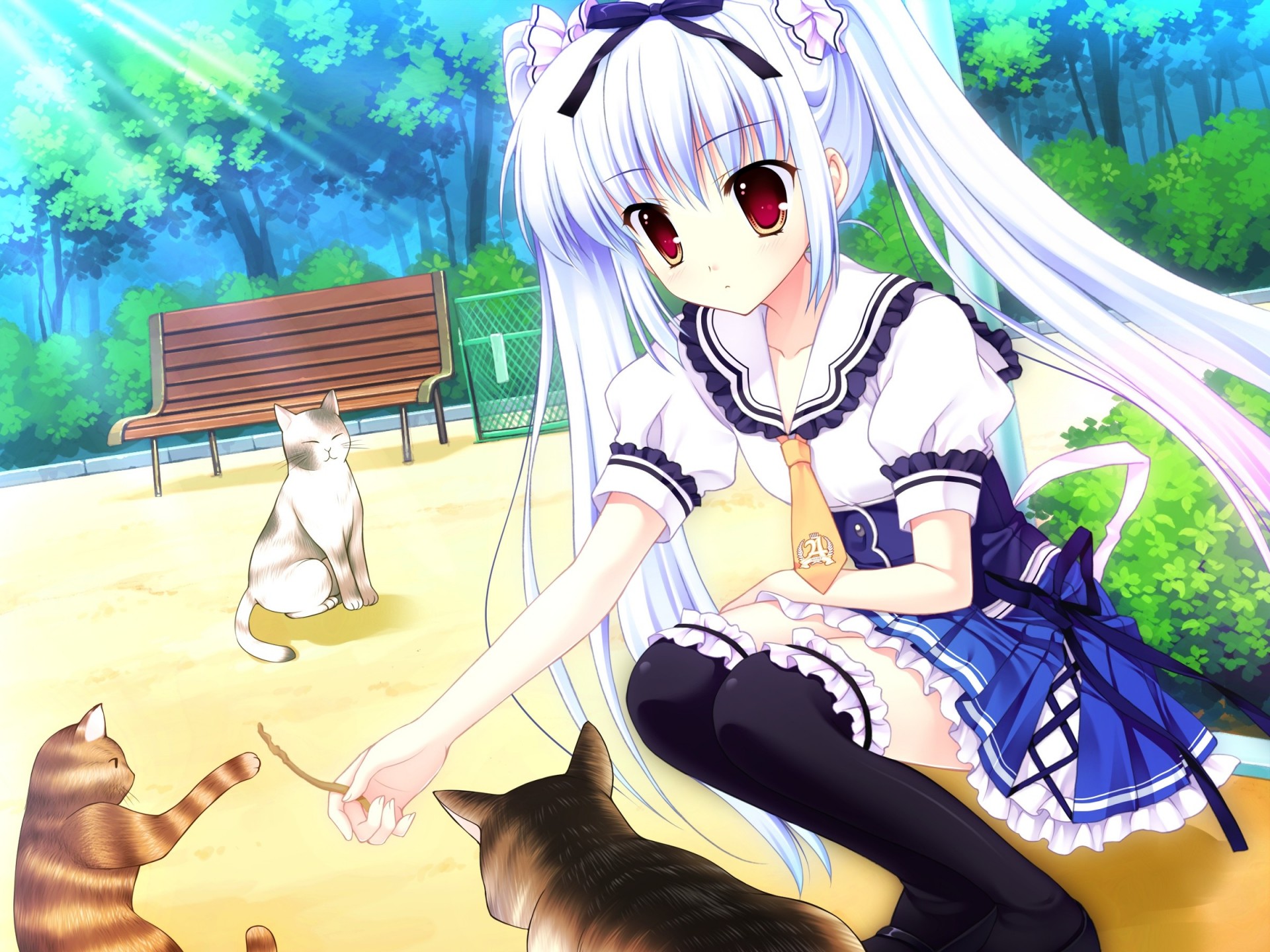 ojos marrones seifuku pelo largo gato animales twintails pelo blanco thighhigh