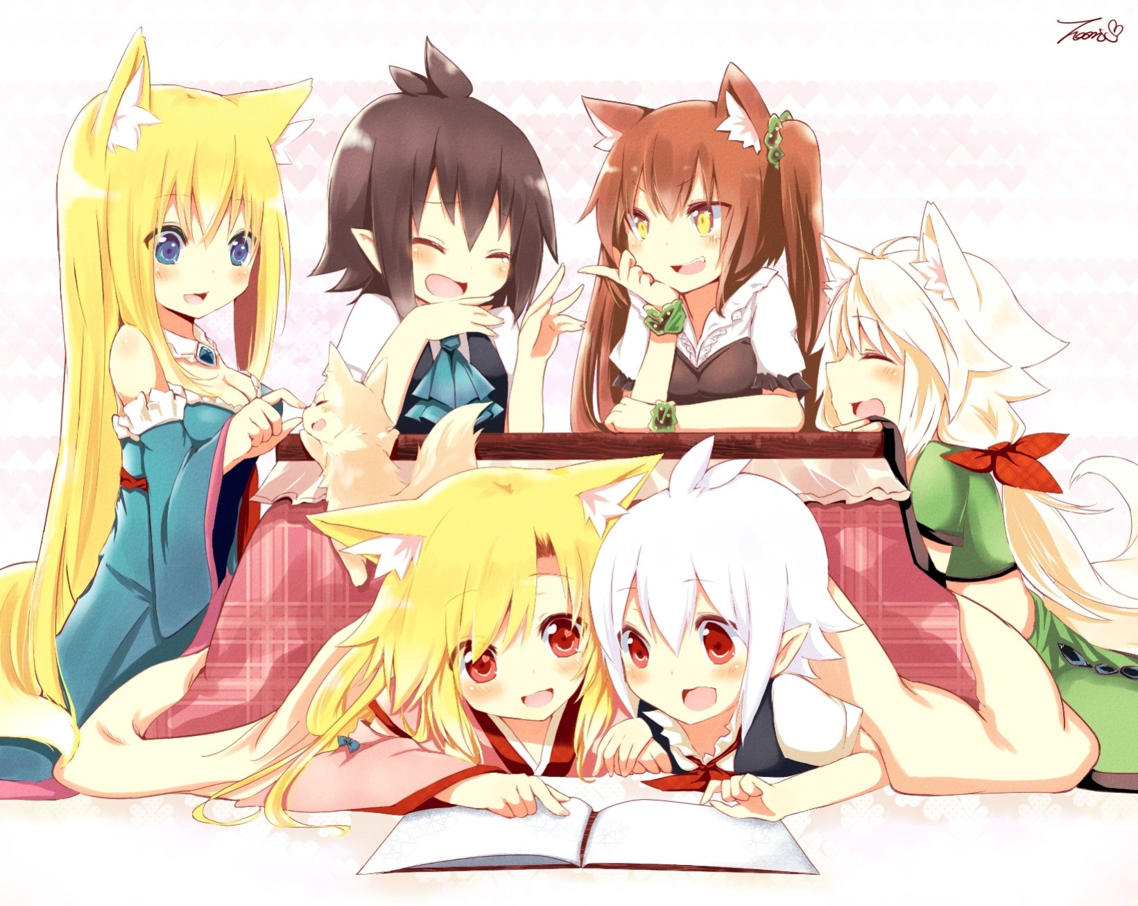 book dress blue eyes blonde hair black hair red eyes long hair white hair animal ears brown hair short hair the group blush torment animals twintails fang tail japanese clothes heart