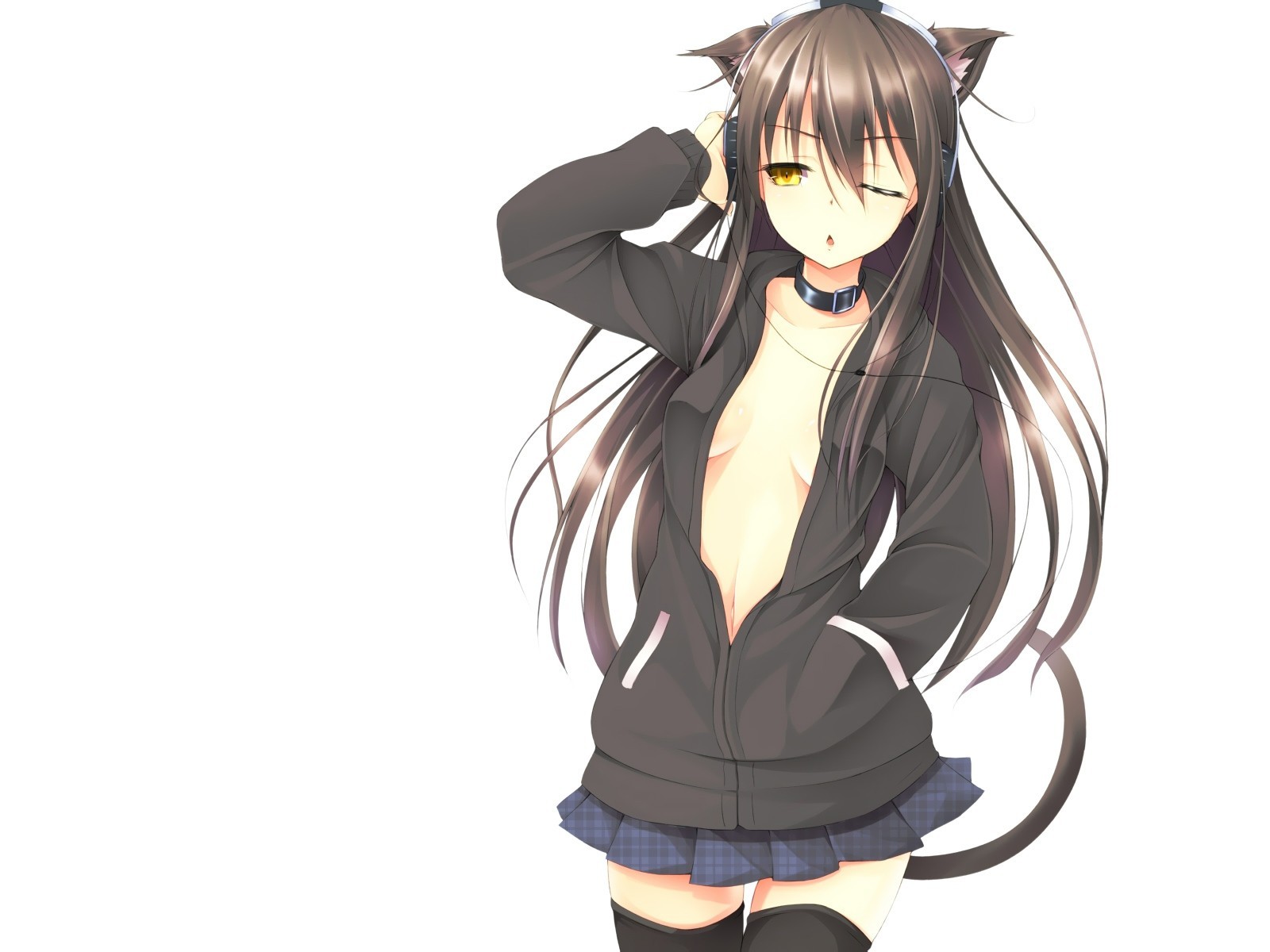 черные волосы длинные волосы thighhighs catgirl наушники животных уши хвост