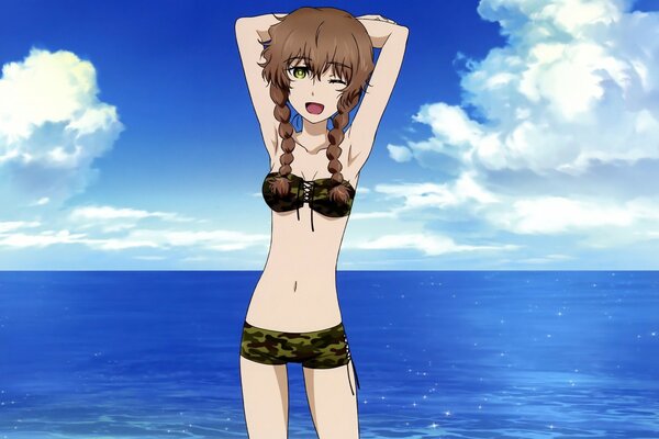 Kreskówka dziewczyna z warkoczami w bikini na tle morza i chmur