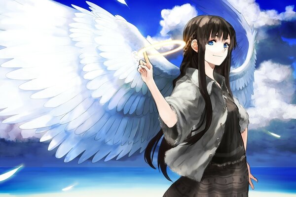 Anime. Angel girl with a halo on her finger