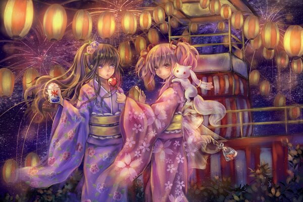 Akemi homura, kyuubee in nazionale giapponese kimono abbigliamento