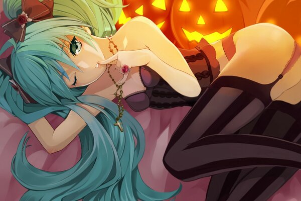 Anime di Halloween. Ragazza con le zucche