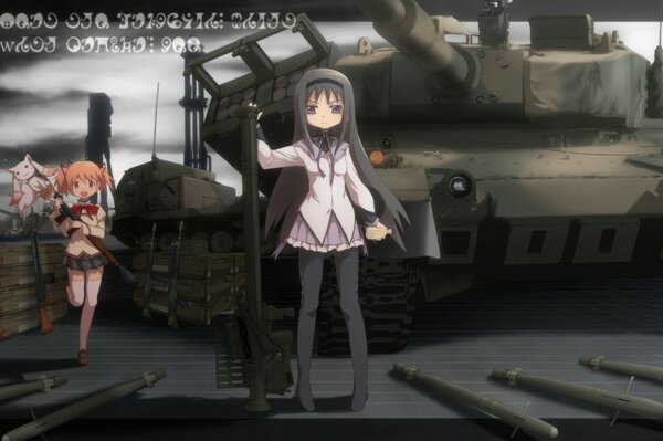 Anime cartoon girl on the background of a tank