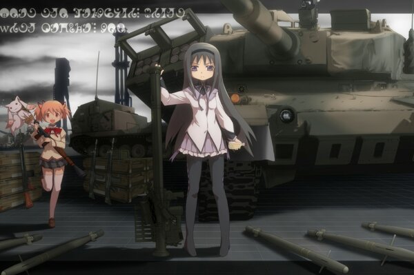 Аниме мультик девушка на фоне танка