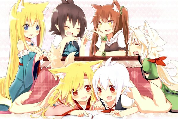 Grupo de chicas con diferentes cabellos en ropa japonesa